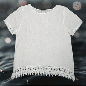 Terzo Millennio Top Womens Linen Crochet Hem White Short Sleeve Lagenlook sz M